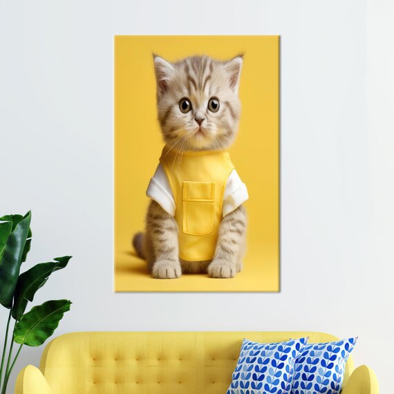 Cute Kitten In Yellow Overalls Bright Yellow Background Cat Poster