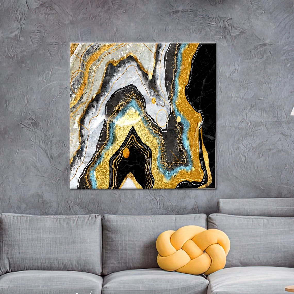 Black Gold Teal Marble Abstract Canvas Art Luxury Alcohol Ink Print