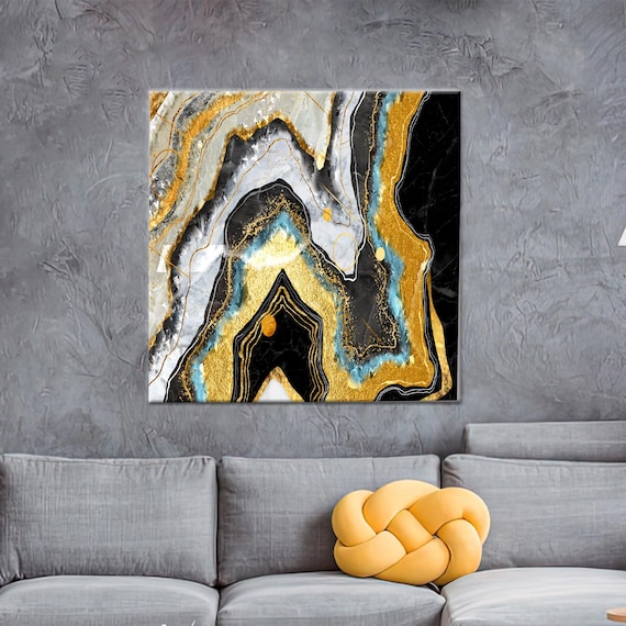 Black Gold Teal Marble Abstract Canvas Art Luxury Alcohol Ink Print