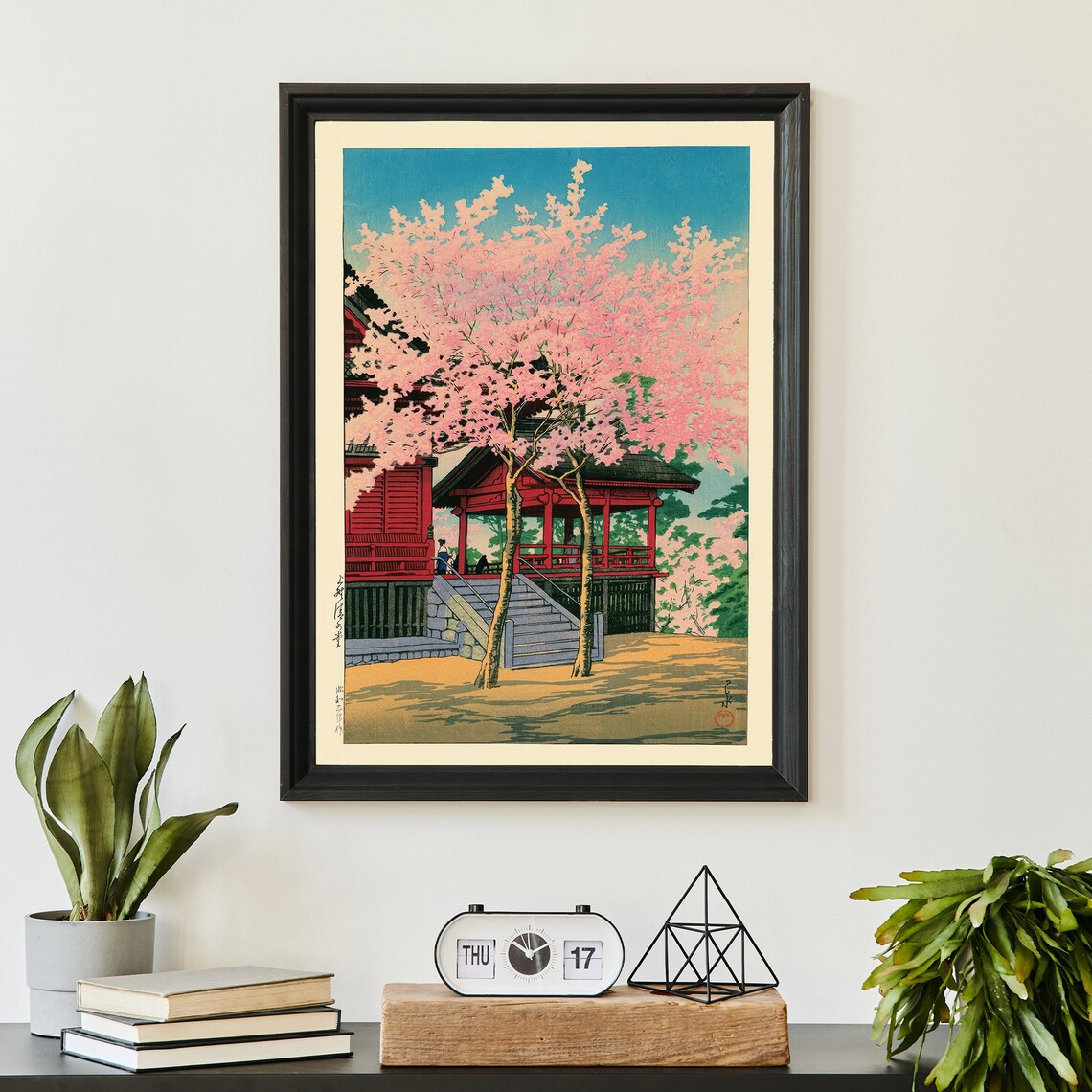 Japanese Cherry Blossom Temple Spring Woodblock Style Art Poster - Image 2