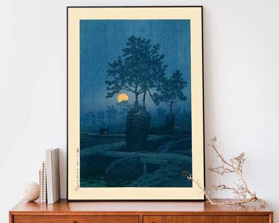 Japanese Full Moon Night Trees Woodblock Style Moonlight Art Poster