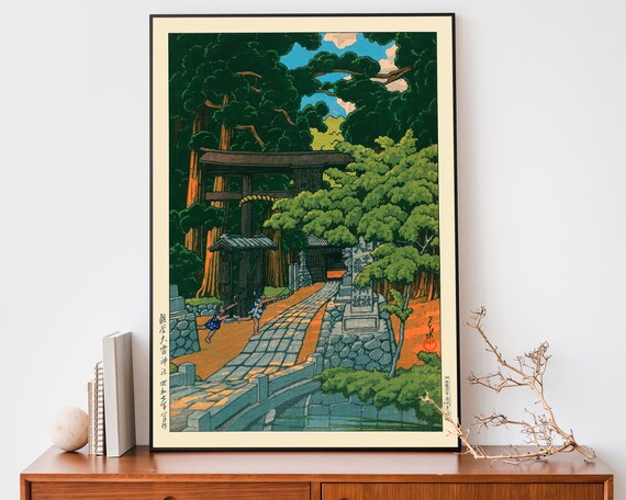 Japanese Torii Gate Forest Path Vintage Woodblock Style Poster
