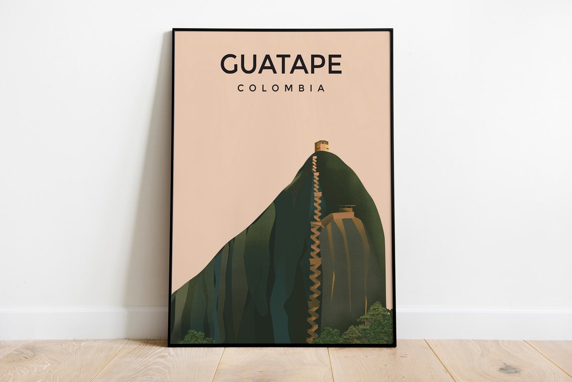 Guatape Colombia Giant Rock Zigzag Staircase Modern Travel Poster