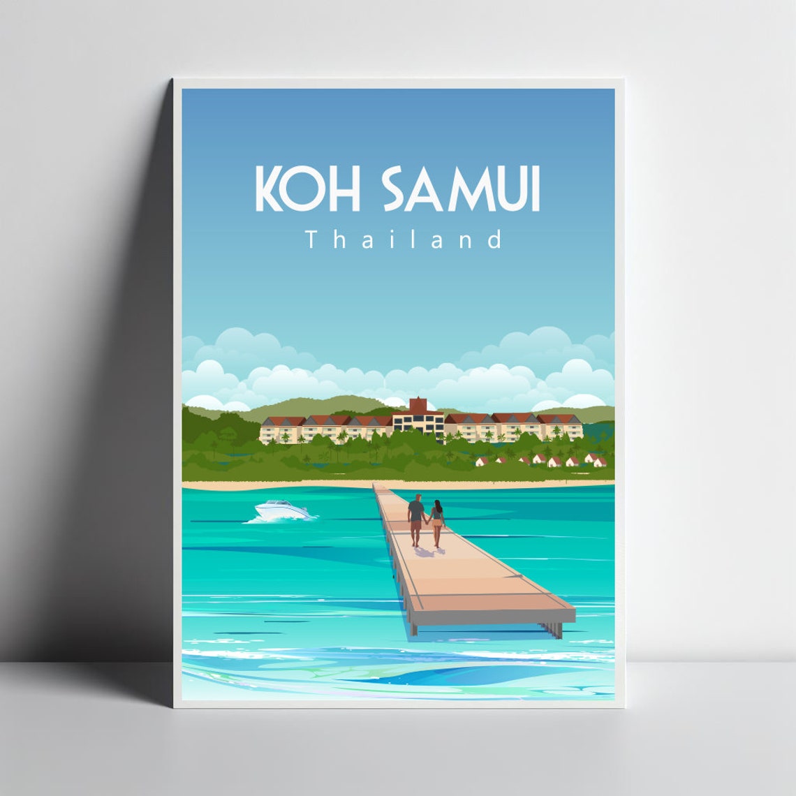 Koh Samui Thailand Travel Poster Pier Couple Speedboat Resort Scene