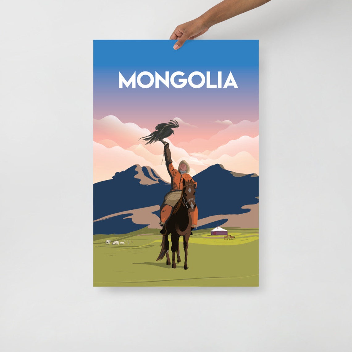 Mongolia Eagle Hunter on Horseback Steppe Sunset Vintage Travel Poster - Image 2
