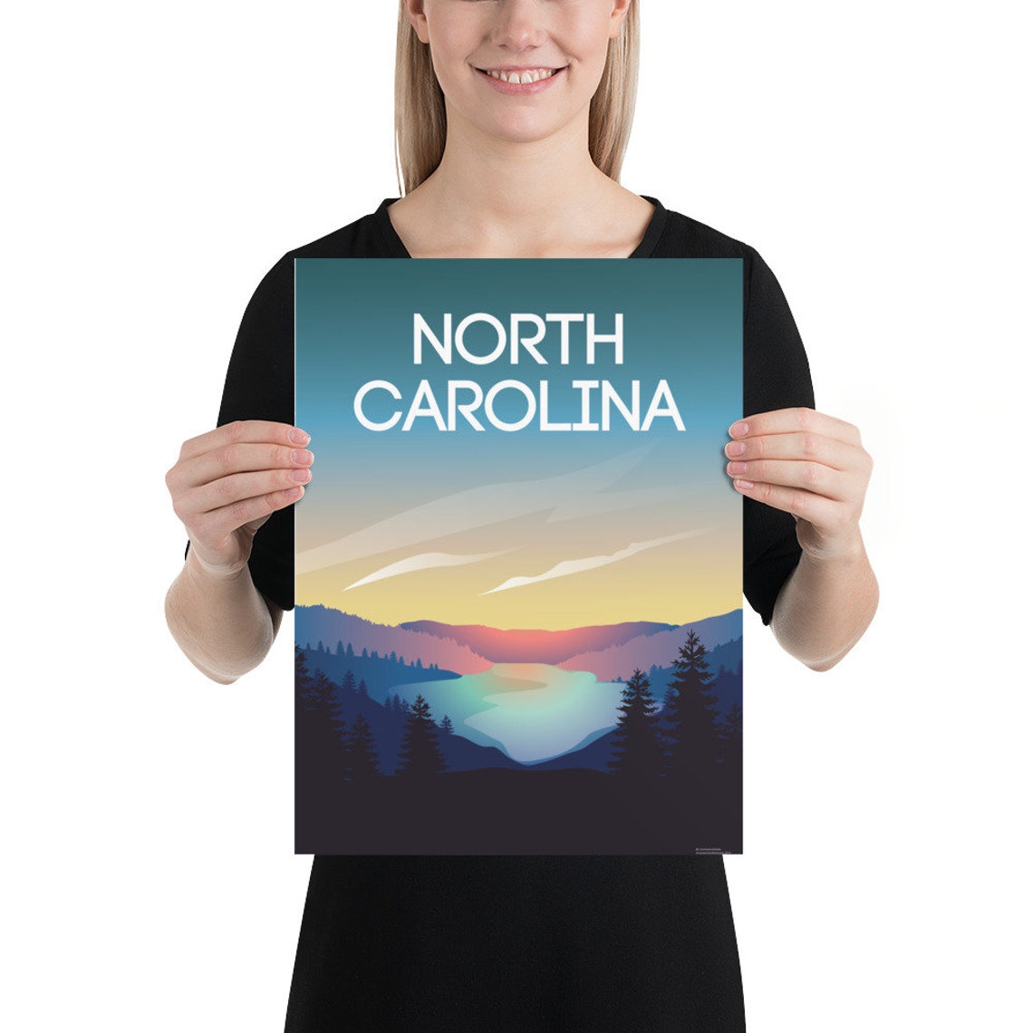 North Carolina Mountain Lake Sunset Pines Illustration Travel Poster - Image 2