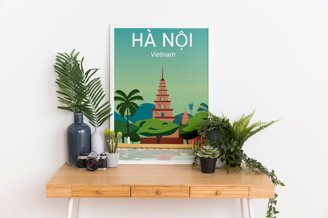 Hanoi Vietnam Pagoda Lake Reflection Illustration Travel Poster - Image 2