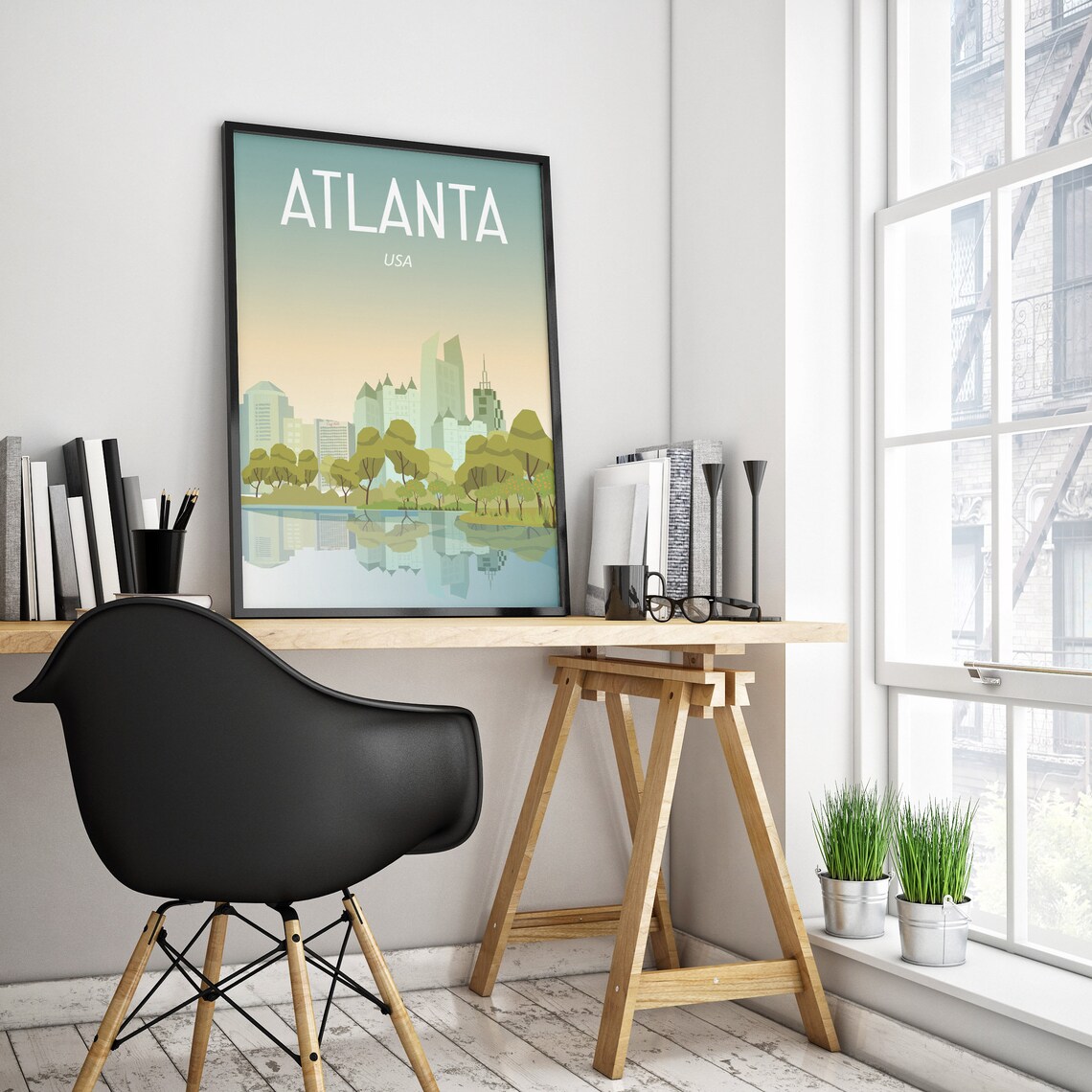 Atlanta USA Pastel Skyline Travel Poster with Lake Reflection - Image 2