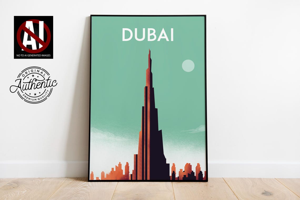 Dubai Burj Khalifa Tower Skyline Mint Sky Vintage Travel Poster