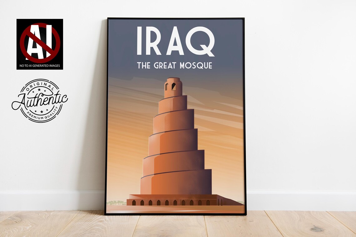 Iraq The Great Mosque Travel Poster Spiral Minaret Sunset Scene