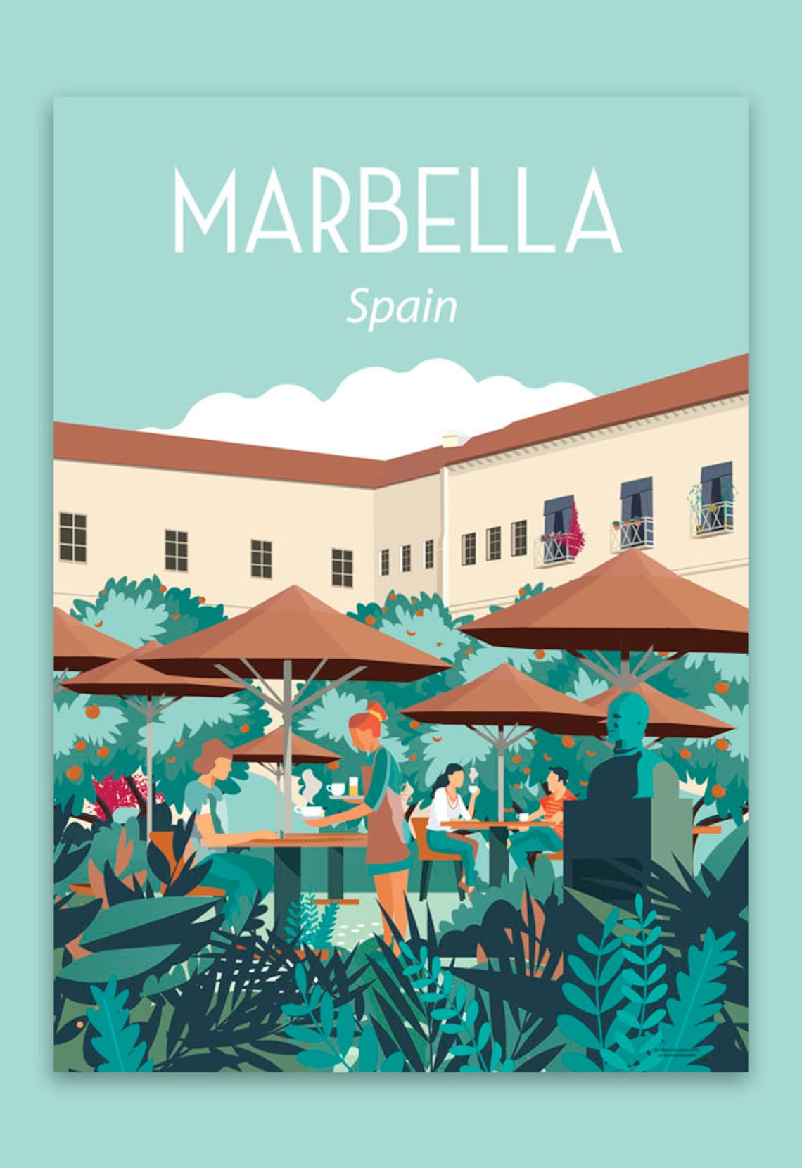 Marbella Spain Orange Tree Plaza Cafe Umbrellas Vintage Travel Poster - Image 3