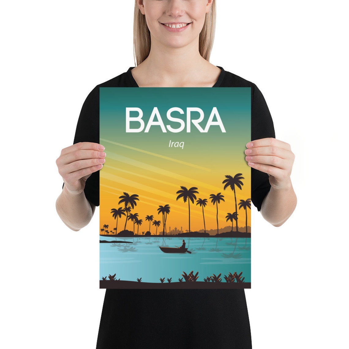 Basra Iraq Sunset River Palms Silhouette Vintage Travel Poster - Image 2