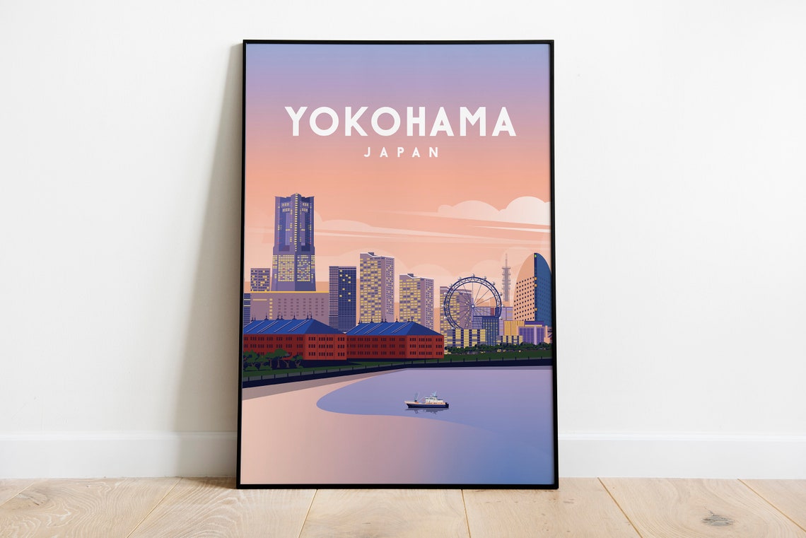 Yokohama Japan Harbor Skyline Ferris Wheel Sunset Travel Poster