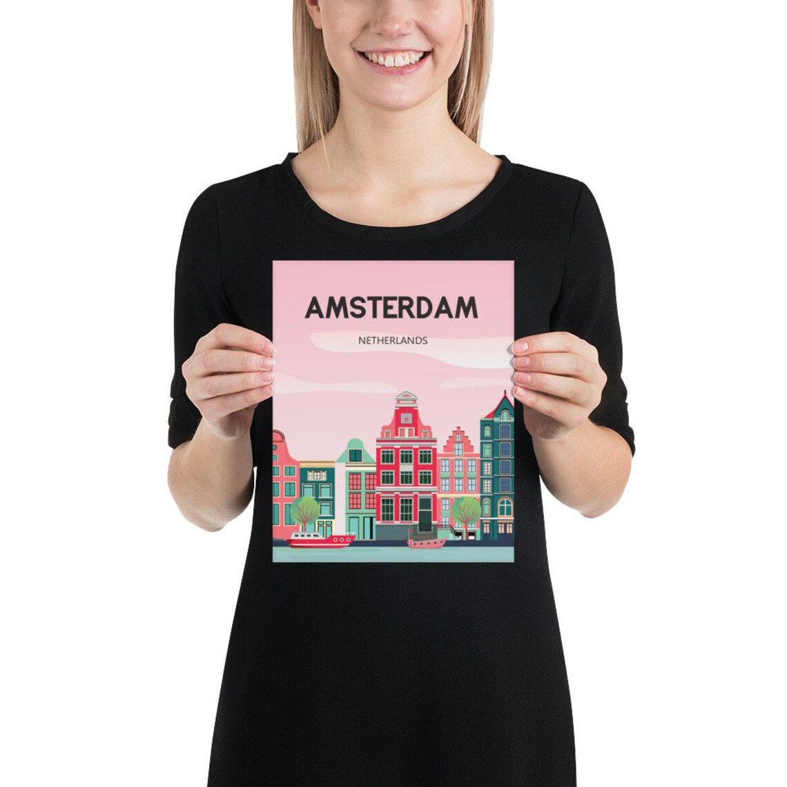 Amsterdam Netherlands Canal Houses Pink Sky Vintage Travel Poster - Image 2