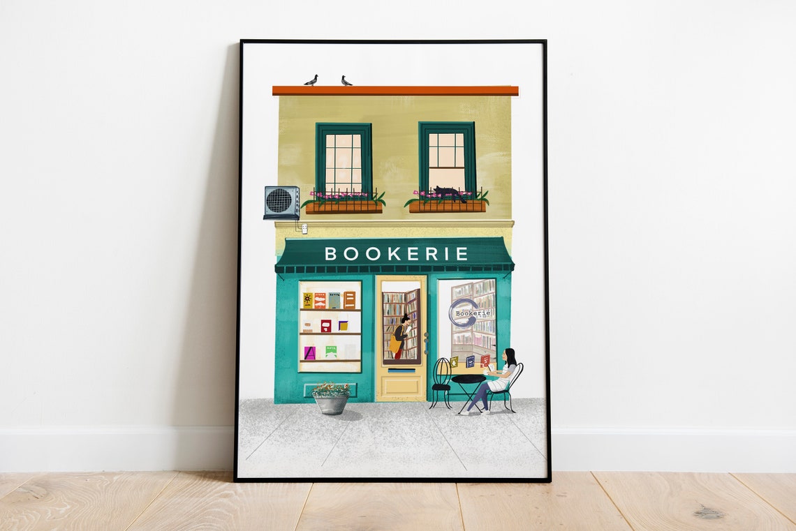Bookerie Bookstore Illustration Art Print Cozy Shop Front Decor