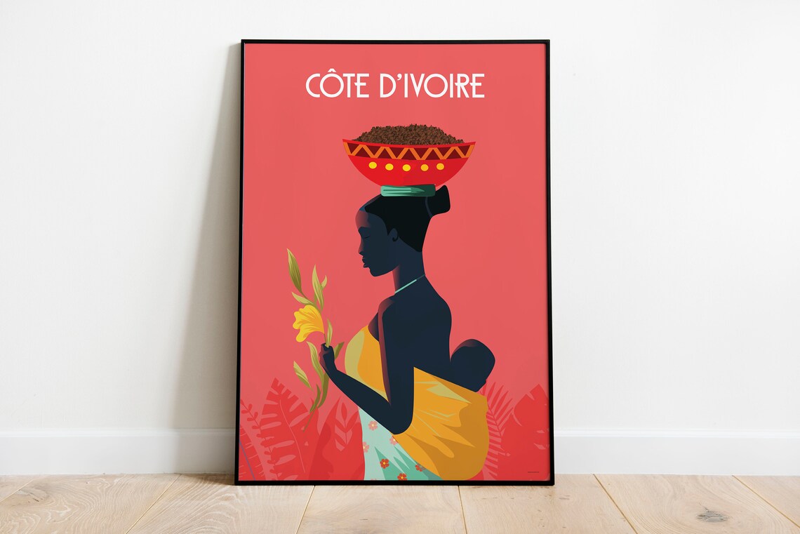 Cote d'Ivoire African Woman Coral Red Portrait Retro Travel Poster