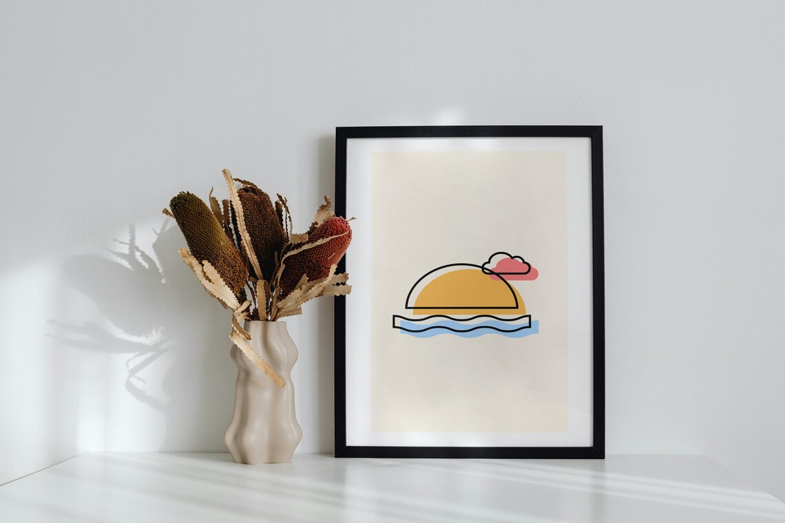 Minimal Line Art Sunset Ocean Waves Modern Scandinavian Abstract Poster