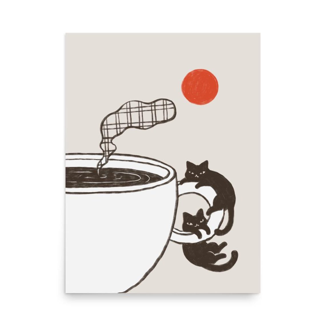Black Cats Lounging on Coffee Cup Minimalist Cat Lover Wall Art