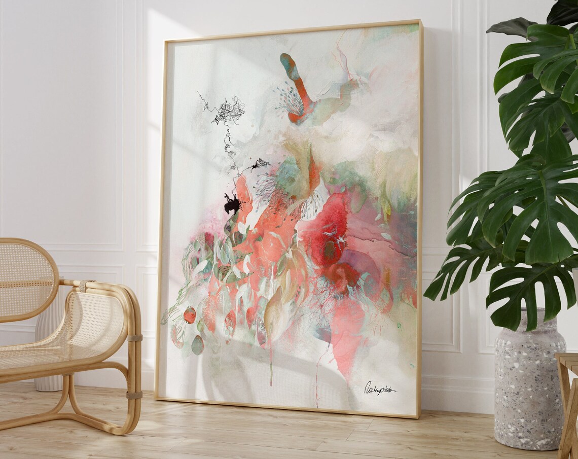 Light Pink Red Abstract Watercolor Art Print, Boho Japandi