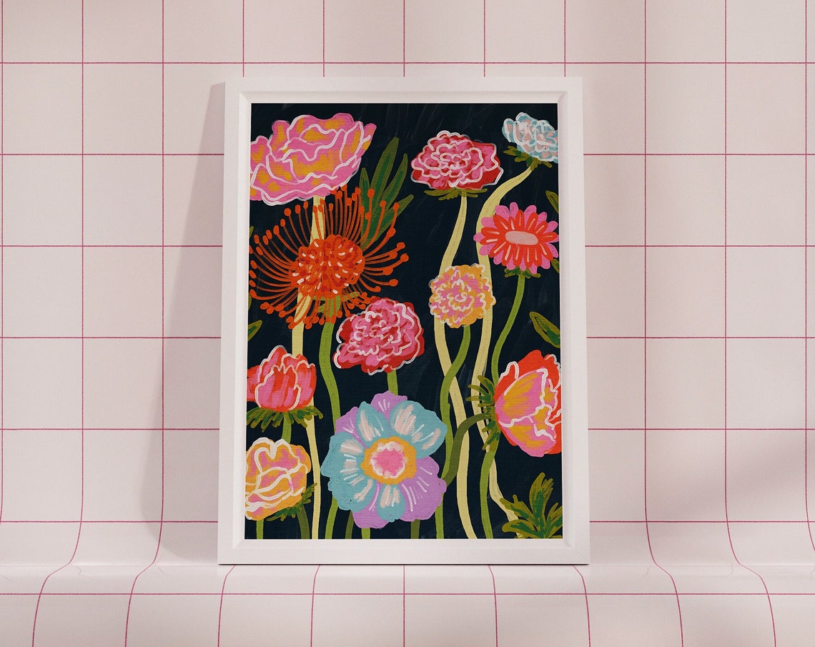 Abstract Floral Gouache Colorful Bloom Dark Background Wall Art