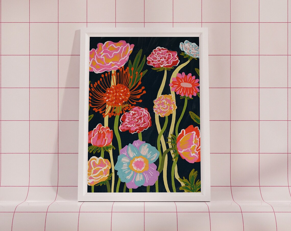 Abstract Floral Wall Art Colorful Gouache Painting