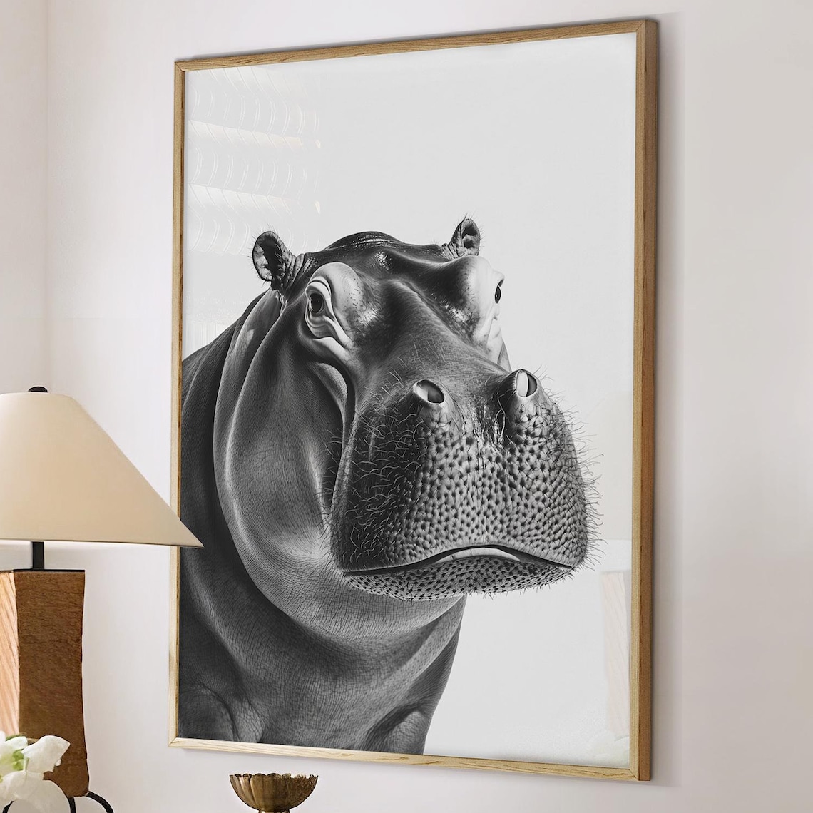 Hippo Close Up Head Portrait in Black and White Minimalist Animal Poster - Image 4