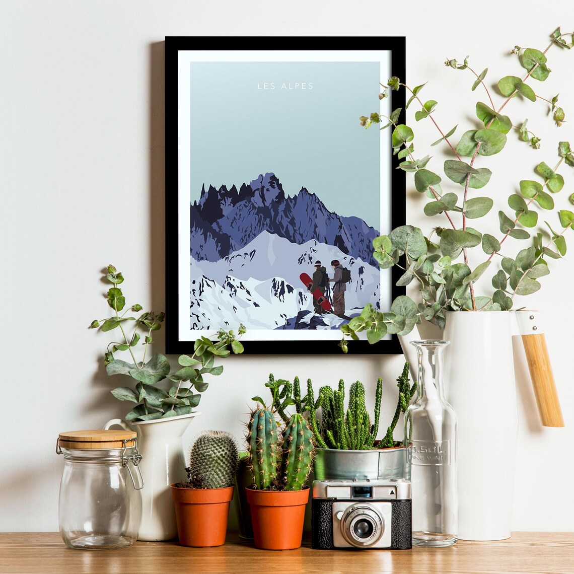 Les Alpes Snowboarders Admiring Jagged Snow Peaks Travel Poster - Image 3