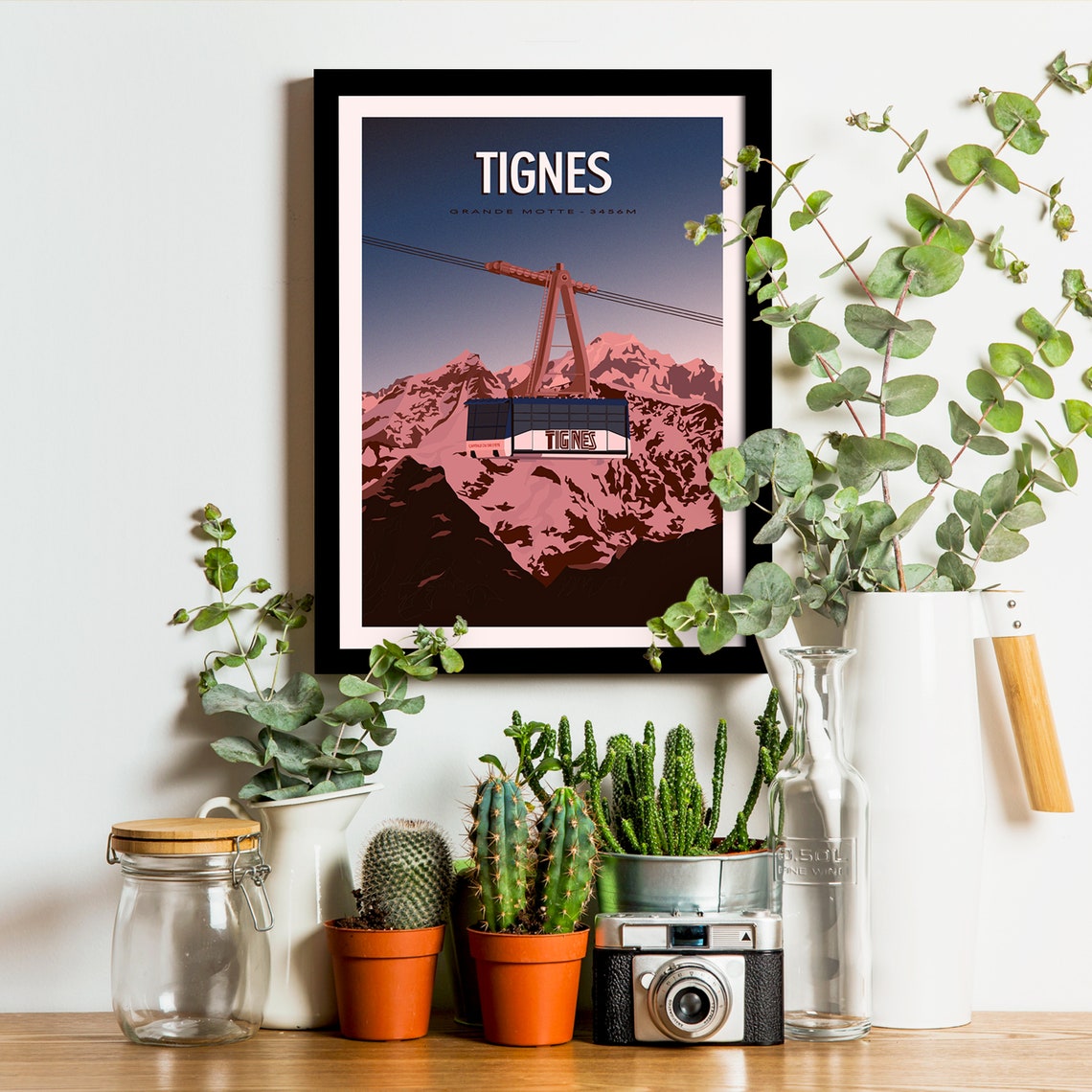 Tignes Grande Motte 3456m Cable Car Alpine Retro Ski Travel Poster - Image 3