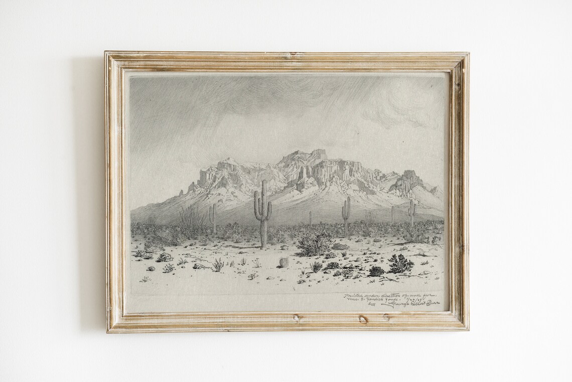 Cactus Mountains Vintage Drawing, Southwestern Art Print - Image 2