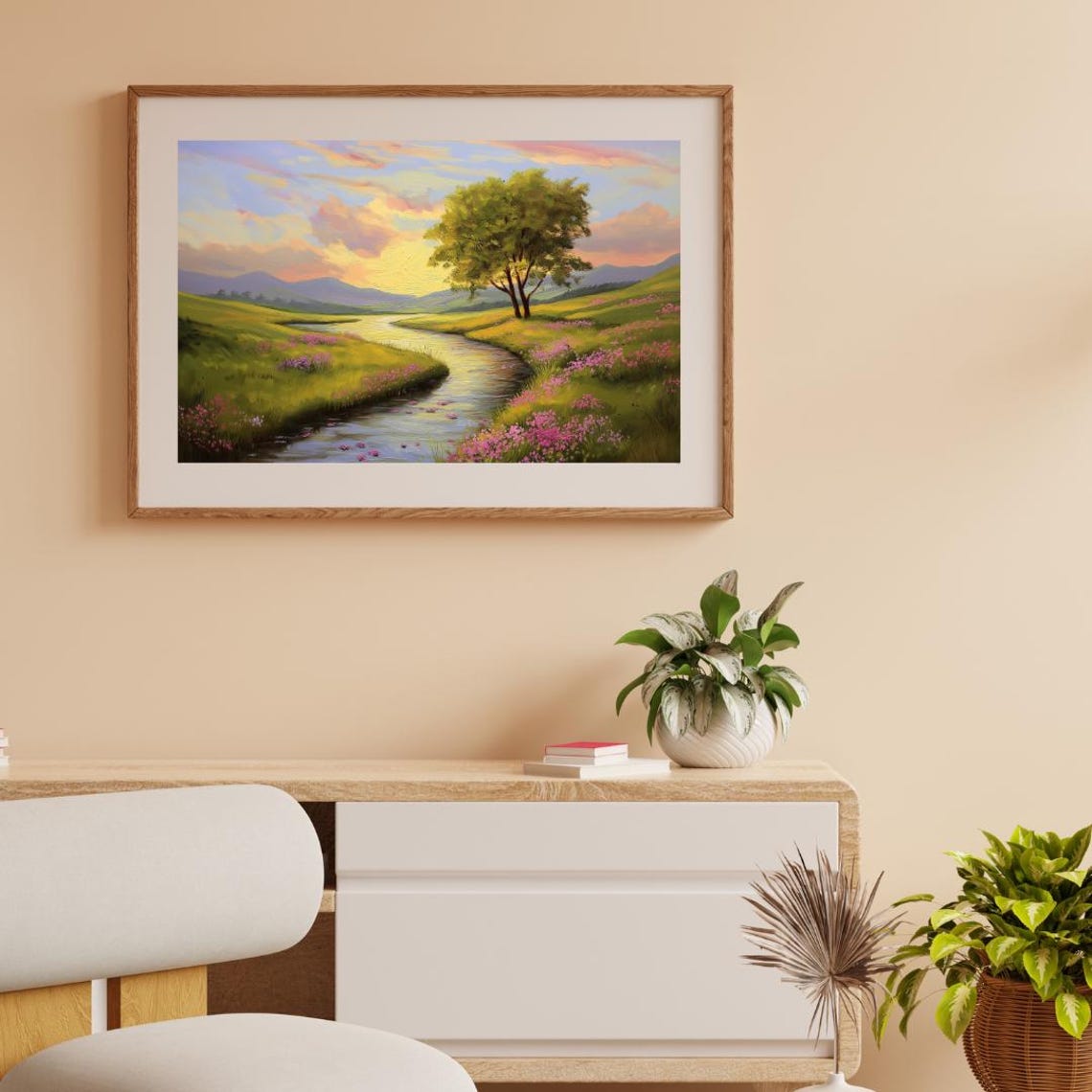 Golden Meadow Stream Pink Wildflowers Sunset Tree Serene Travel Poster - Image 2