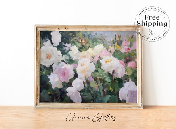 Hand Painted Oil Painting Moody Botanical Art Teen Girl Room Wall Art Floral Painting White Roses Oil Painting White Roses