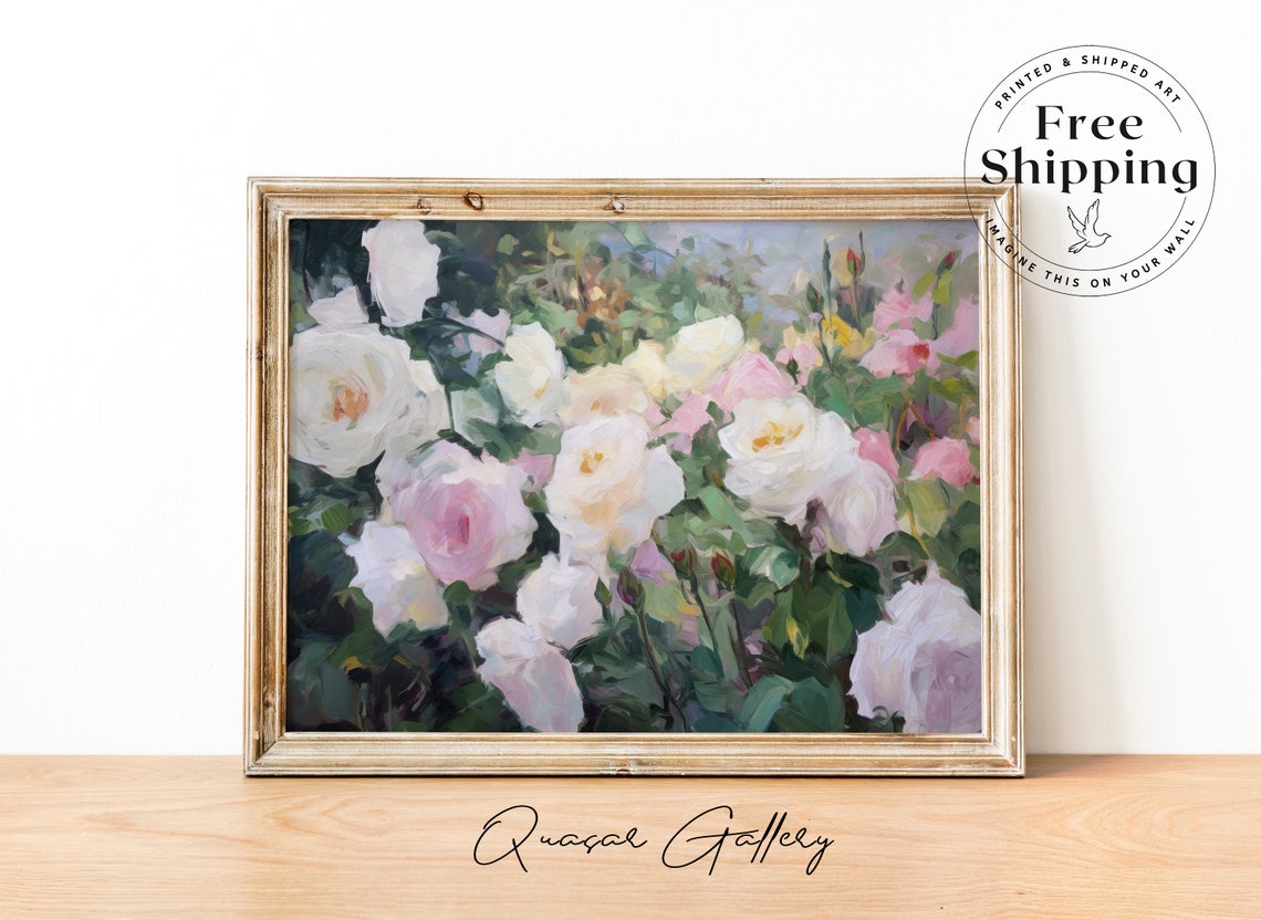 Hand Painted Oil Painting Moody Botanical Art Teen Girl Room Wall Art Floral Painting White Roses Oil Painting White Roses