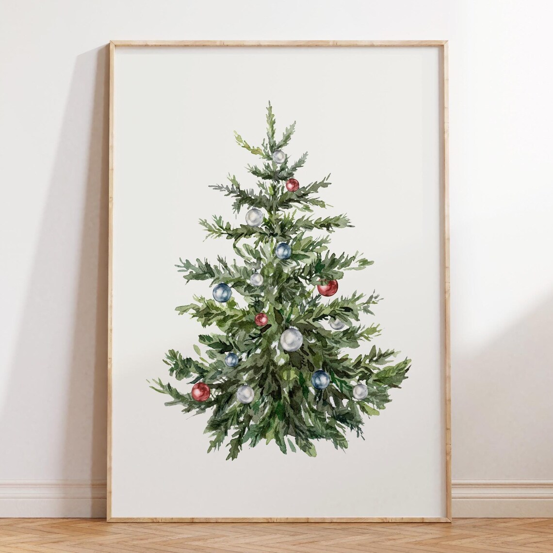 Watercolor Christmas Tree Red Blue Ornaments Minimalist Wall Art