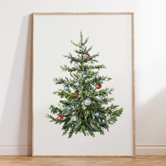 Watercolor Christmas Tree Red Blue Ornaments Minimalist Wall Art