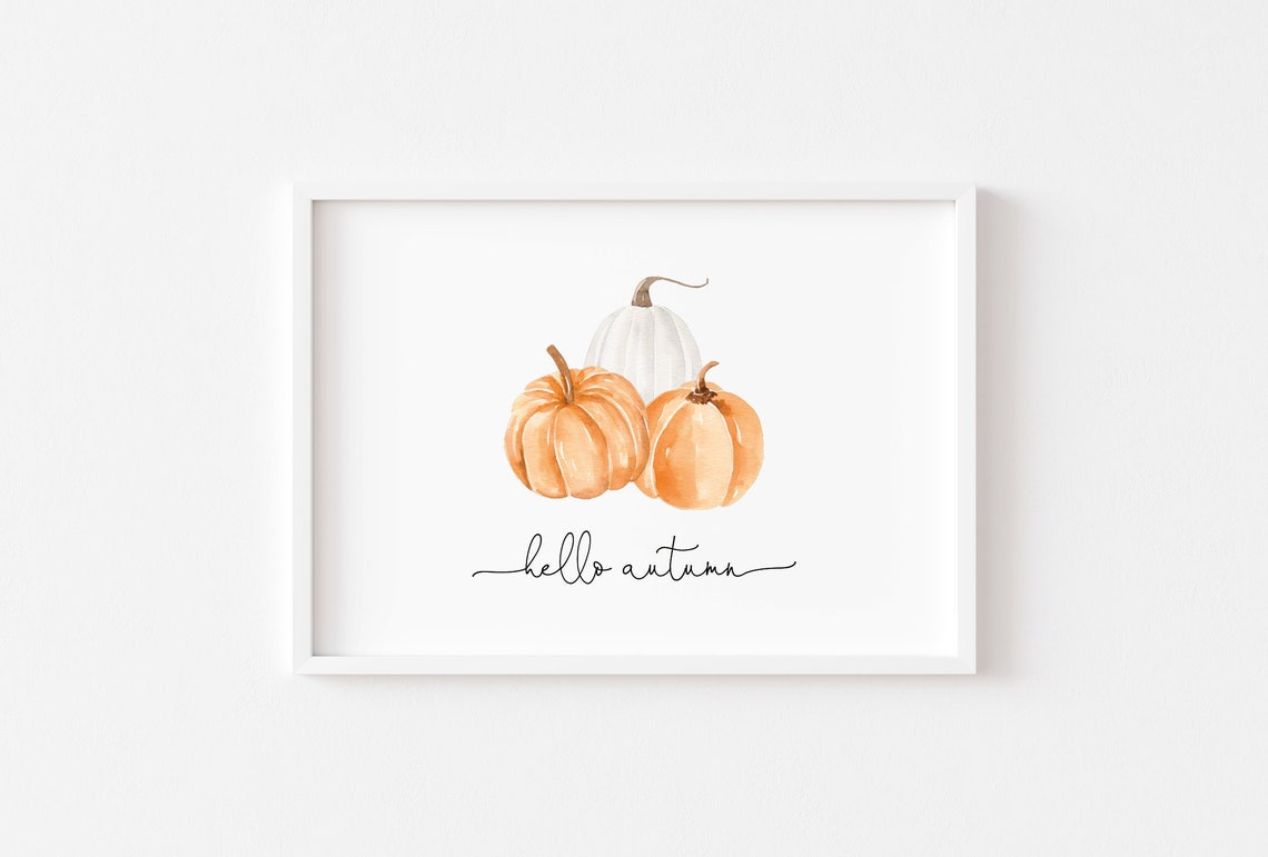 Hello Autumn Watercolor Pumpkins Minimal Cozy Fall Decor Poster