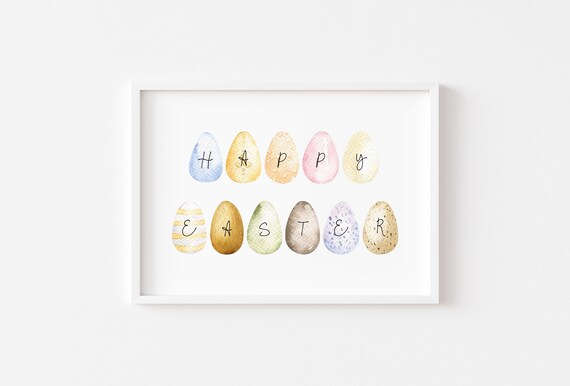 Happy Easter Watercolor Eggs Pastel Spring Holiday Decor Art Poster