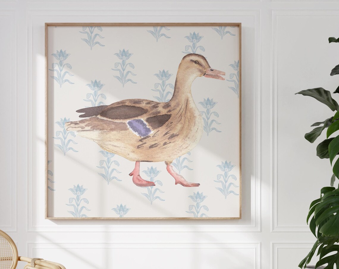 Watercolor Mallard Duck Blue Floral Wallpaper Background Poster