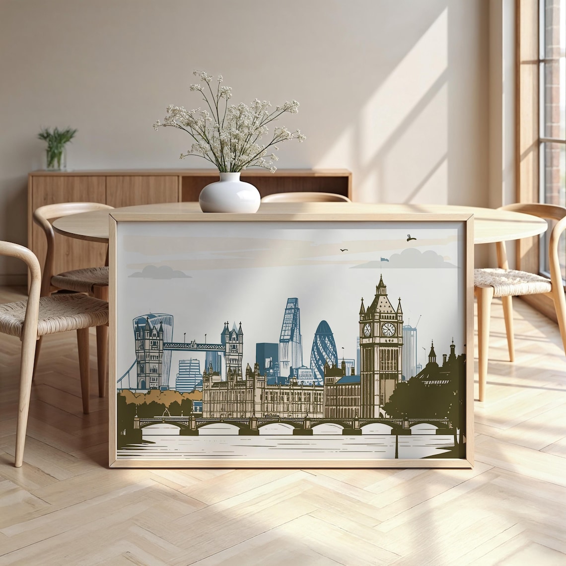 London Skyline Watercolor Poster Big Ben Tower Bridge Gherkin City View Art