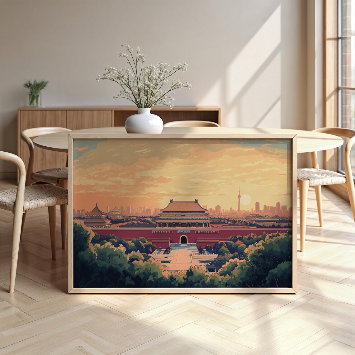Beijing Forbidden City Sunset Watercolor Framed Chinese Landmark Poster