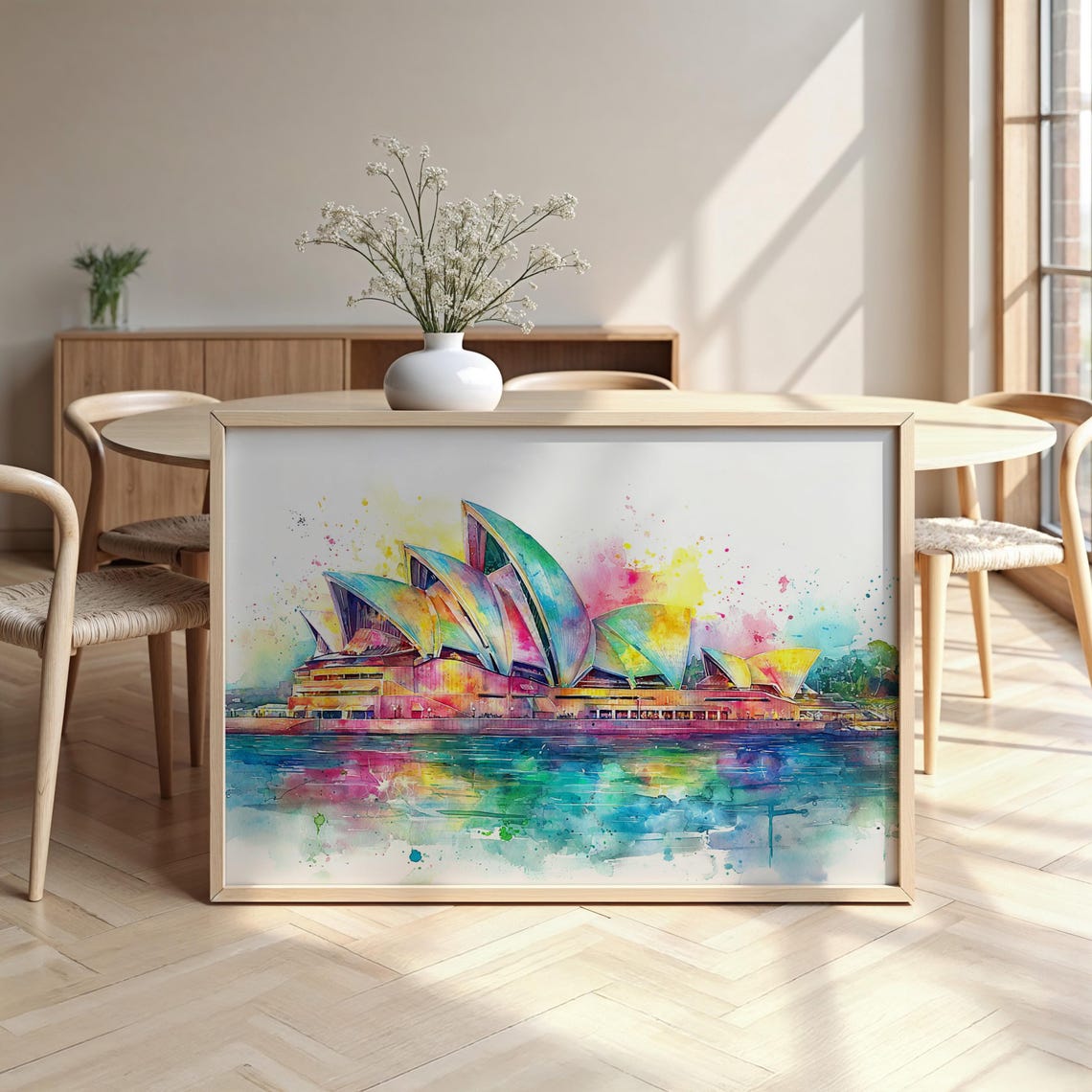 Sydney Opera House Colorful Watercolor Harbor Sunset Scene Wall Art