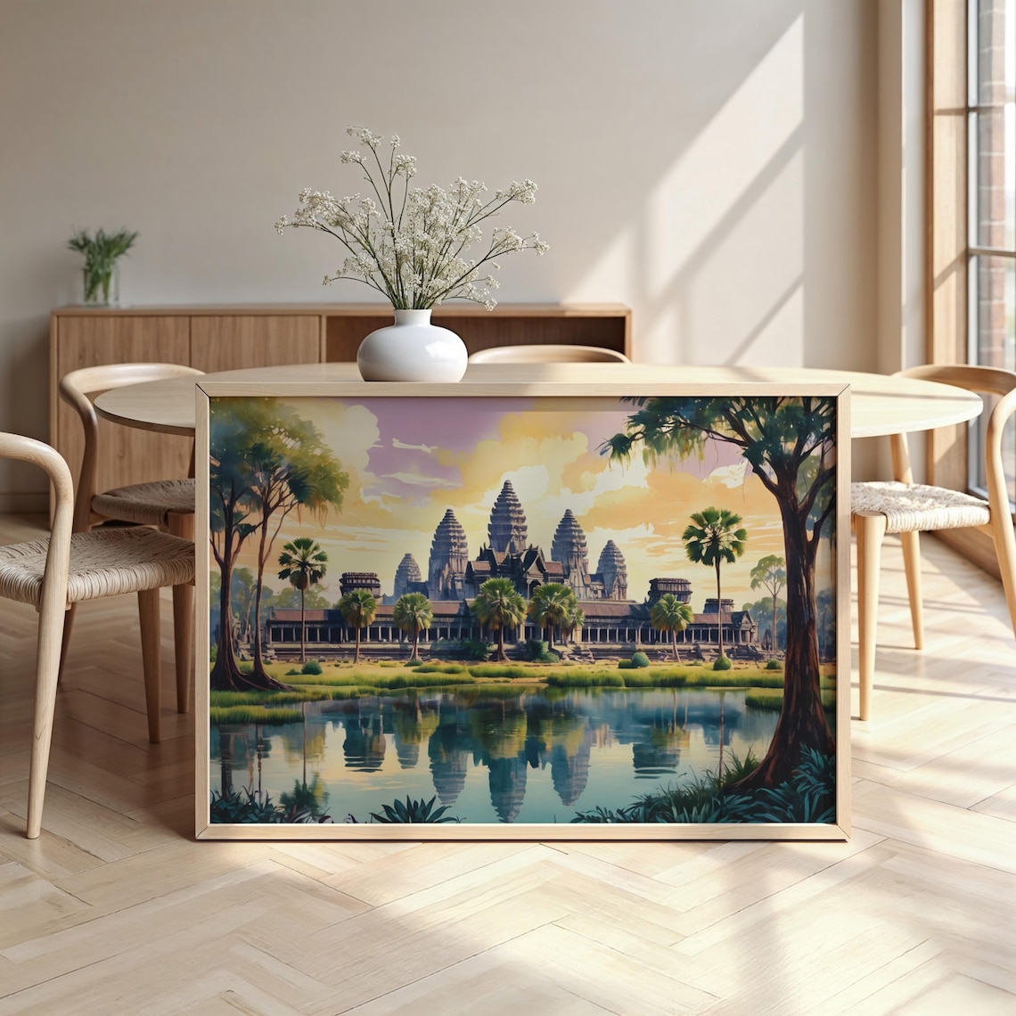 Angkor Wat Reflected In Water Morning Illustration Cambodia Temple Poster