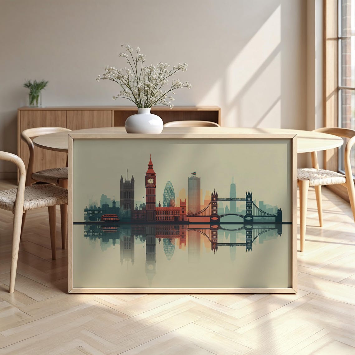 London Skyline Big Ben Gherkin Tower Bridge Water Reflection Poster