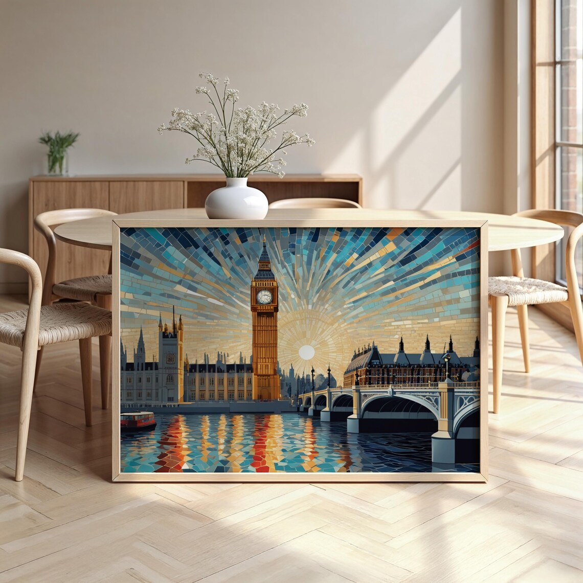 London Big Ben Mosaic Art Westminster Sunset Stained Glass Poster