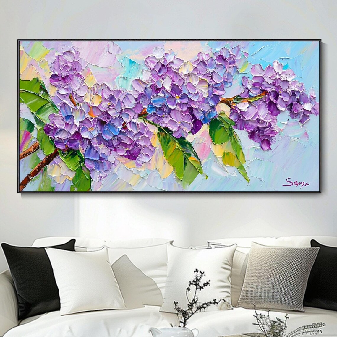 Purple Lilac Branch Blossom Signed Impasto Floral Art Poster