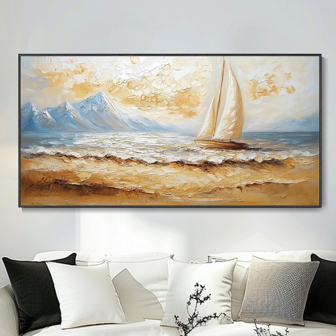 Sailboat Golden Ocean Blue Mountains Beige Seascape Art Poster