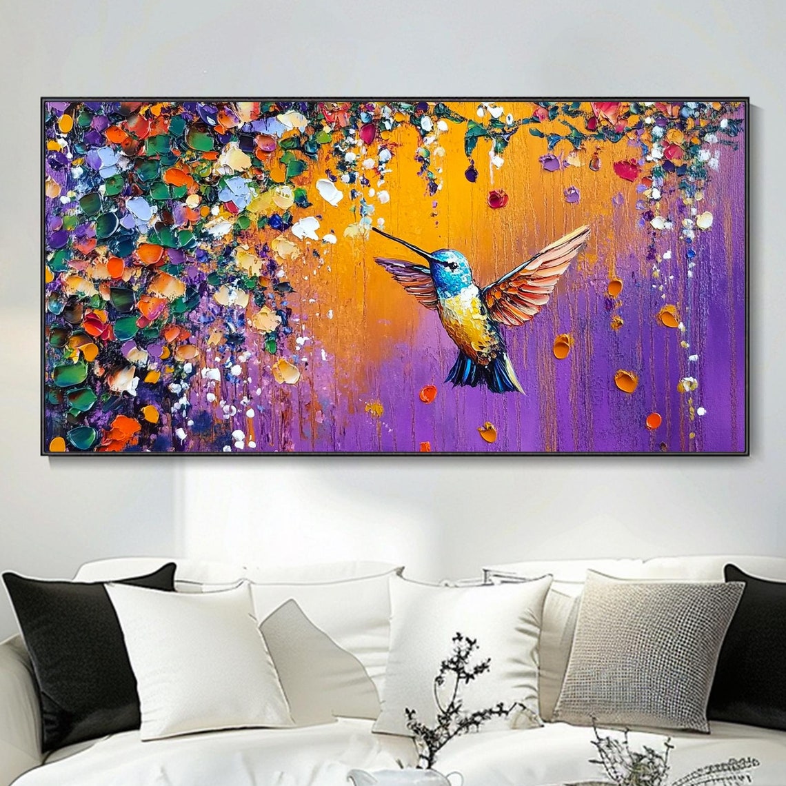 Hummingbird Copper Wings Purple Sunset Petals Impasto Art Poster