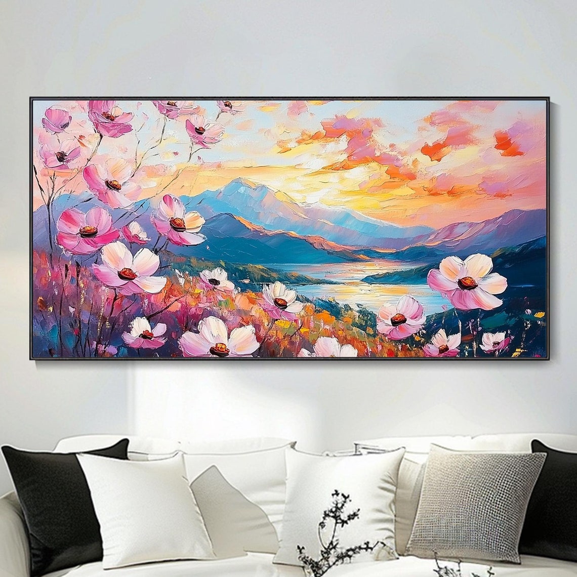 Vibrant Pink Cosmos Wildflower Mountain Lake Sunset Art Poster