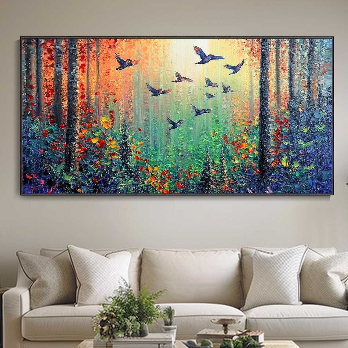 Sunlit Forest Birds Flying Autumn Canopy Impasto Nature Art Poster - Image 5