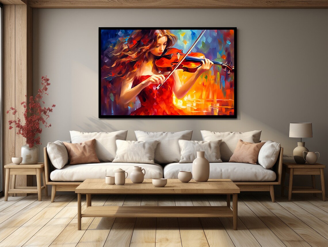 Woman In Red Dress Playing Violin Colorful Abstract Music Art Print - Image 3