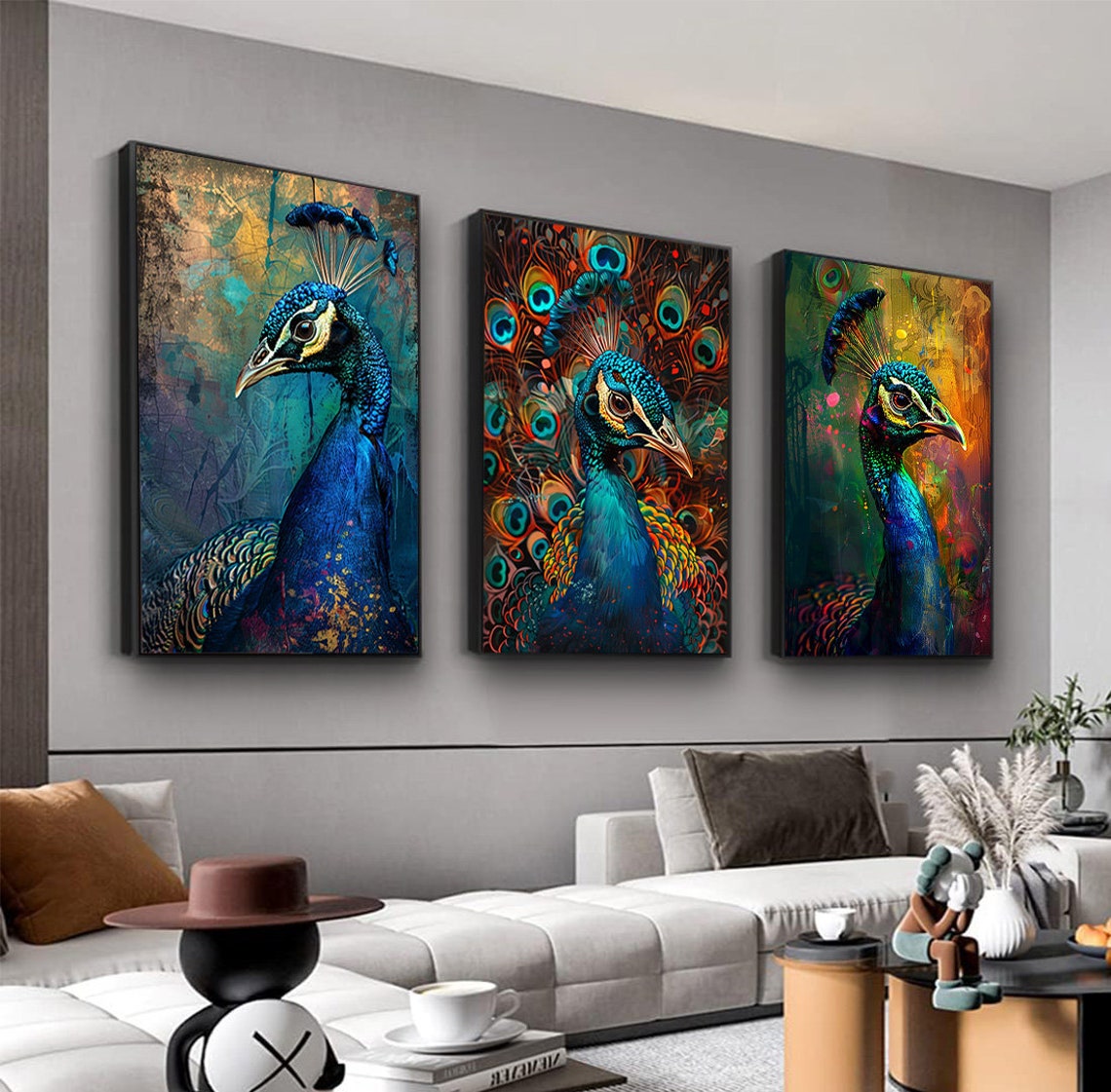 Three Panel Peacock Portrait Triptych Set Colorful Bird Wall Poster